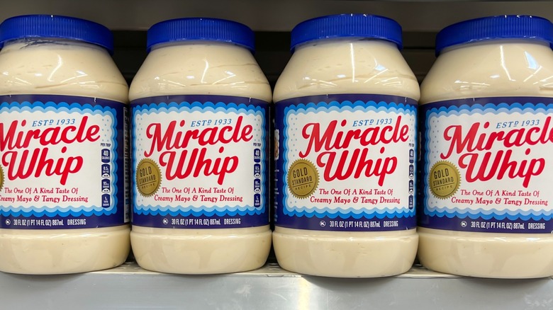 jars of miracle whip line a store shelf