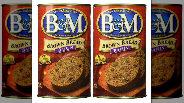 Two cans of B&M canned brown bread with raisins