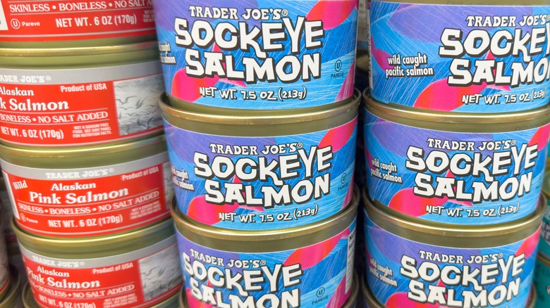 A view of several Trader Joe's canned sockeye salmon