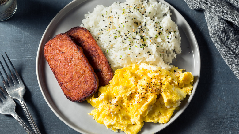 Homemade Hawaiian Spam and egg breakfast