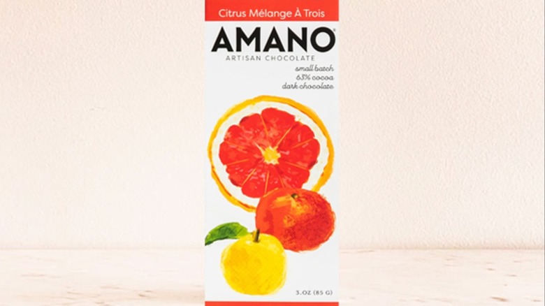 A bar of Amano's Citrus Mélange à Trois chocolate
