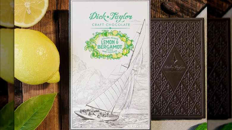 A bar of Dick Taylor Craft Chocolate's Lemon and Bergamot chocolate