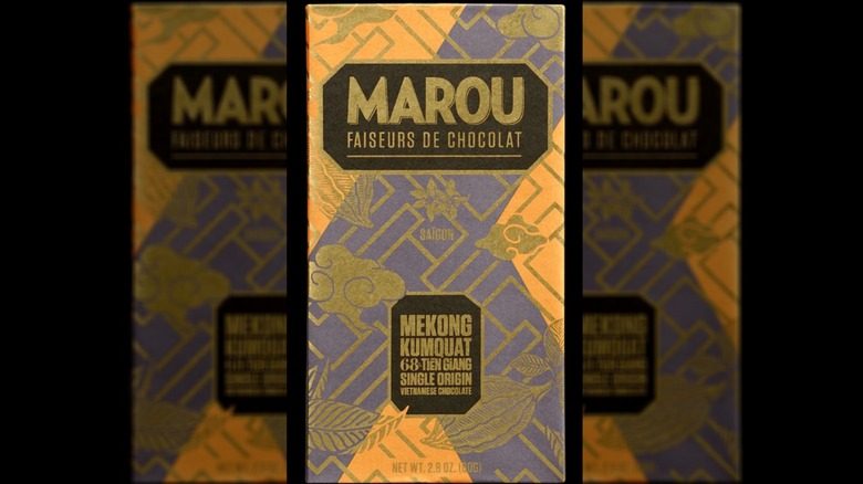 A bar of Marou Faiseurs de Chocolat's Mekong Kumquat dark chocolate