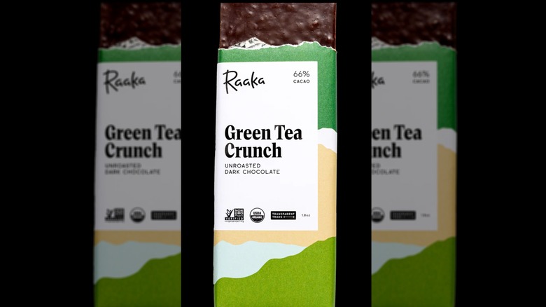 A bar of Raaka's Green Tea Crunch chocolate