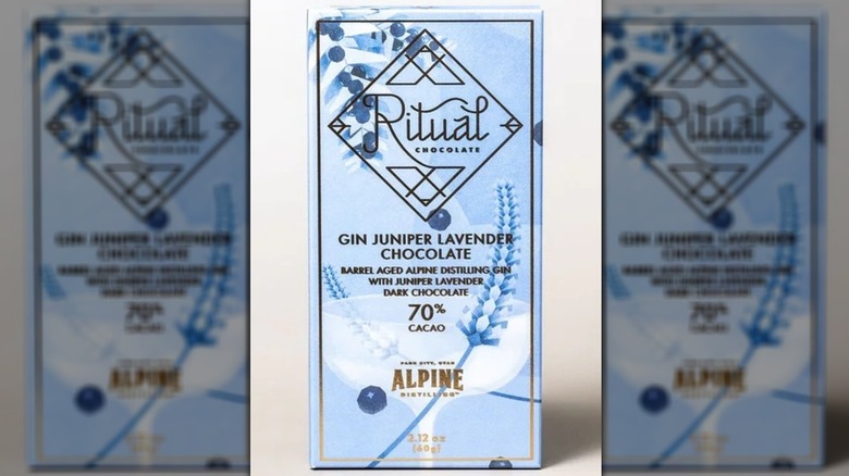 A box of Ritual Chocolate's Gin Juniper Lavender Chocolate