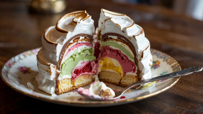 Elegant Baked Alaska with meringue covering cake and ice cream