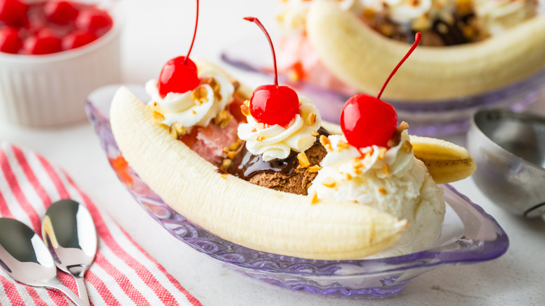 A close-up of a classic banana split