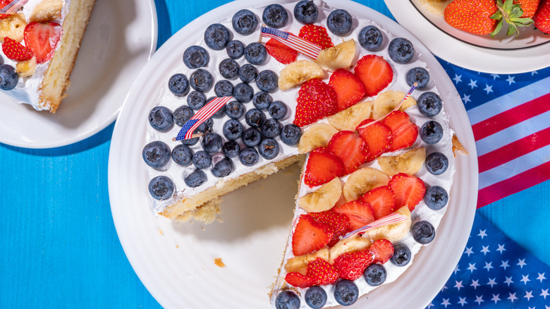 Fourth of July cake with flag and berries cut