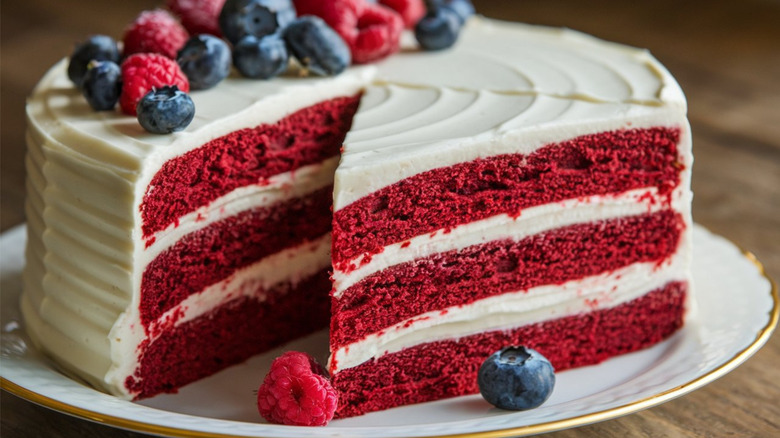 A red velvet cake with a slice taken out, topped with fruit