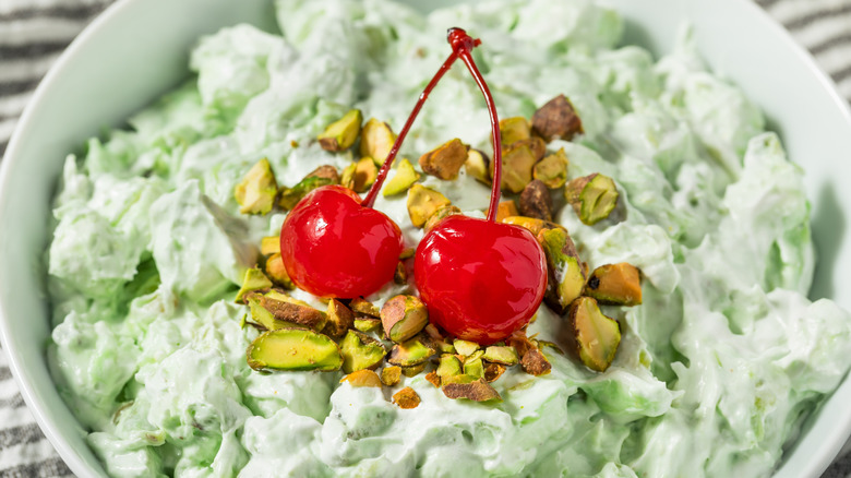 Homemade Watergate salad with pistachios and cherries