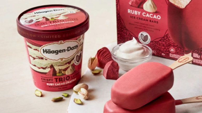 Pint of Häagen-Dazs Ruby Cacao Crackle ice cream beside ice cream bars