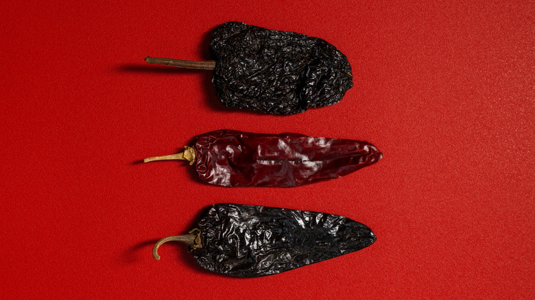 Pasilla and guajillo dried chilis on a red background