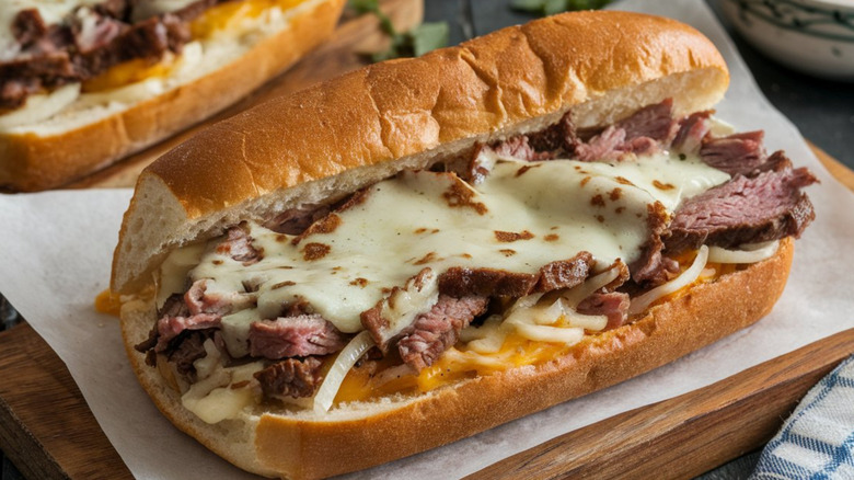 A close-up of a Philly cheesesteak