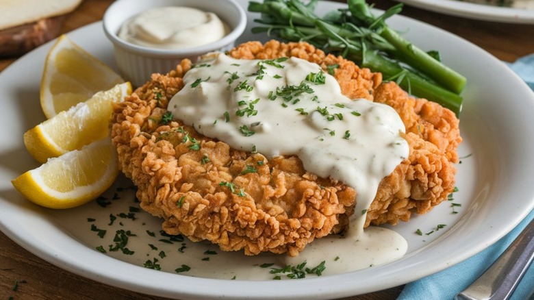 A plate of chicken fried steak with gravy
