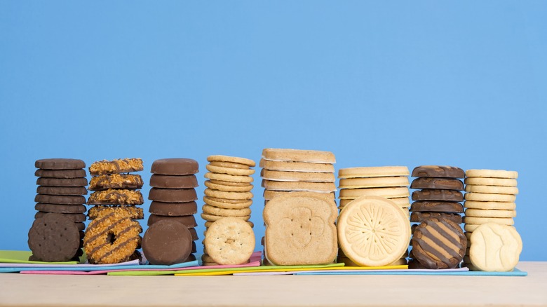 Stacks of Girl Scout cookies on a table
