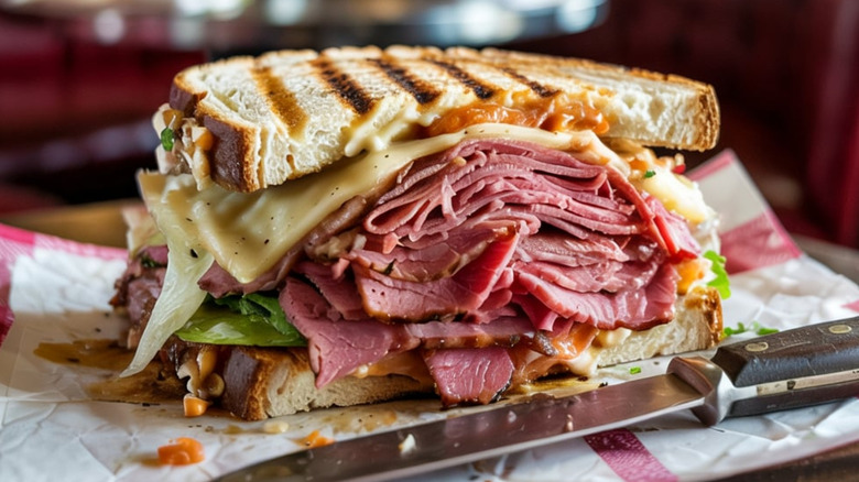 A close-up of a Reuben sandwich