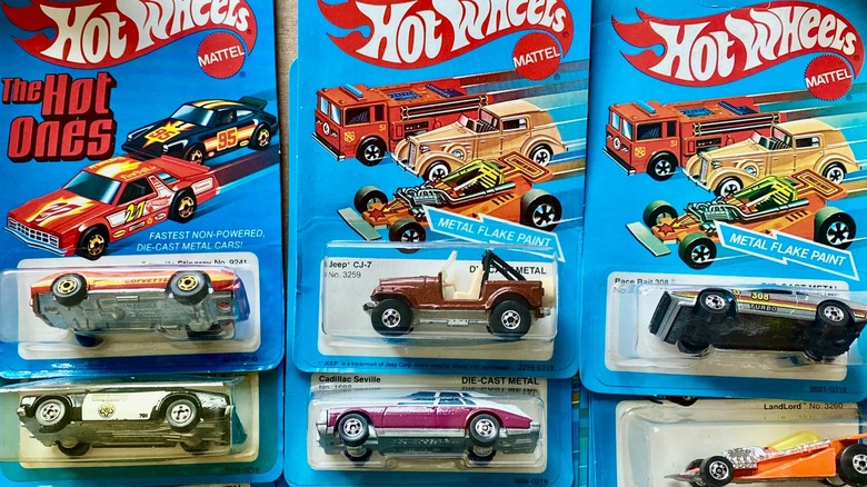 A close-up of Hot Wheels cars