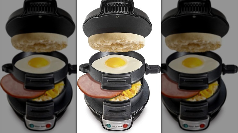 sandwich maker with egg, english muffin, and ham