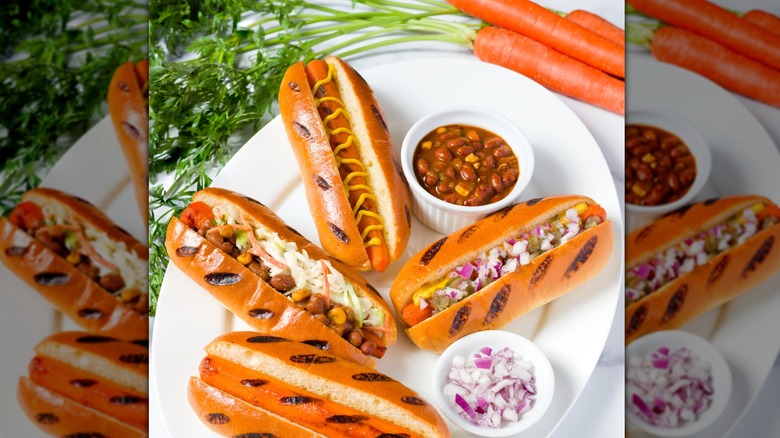 Carrot hot dogs topped with various condiments