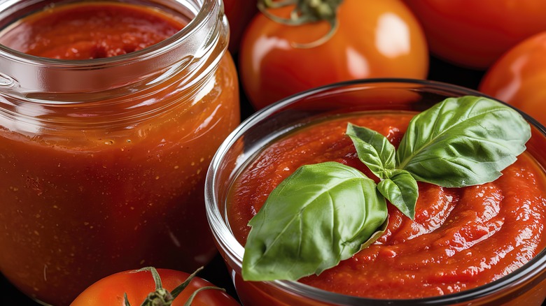 A glass jar and bowl of home made tomato ketchup