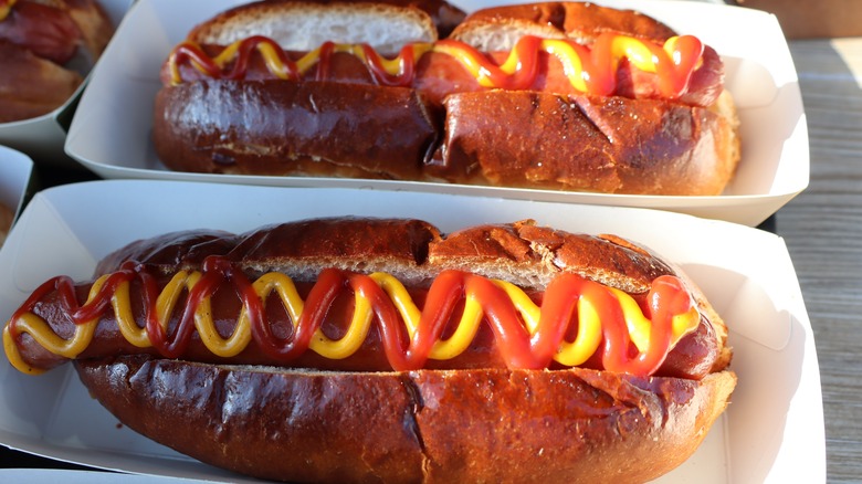 hot dog in pretzel bun