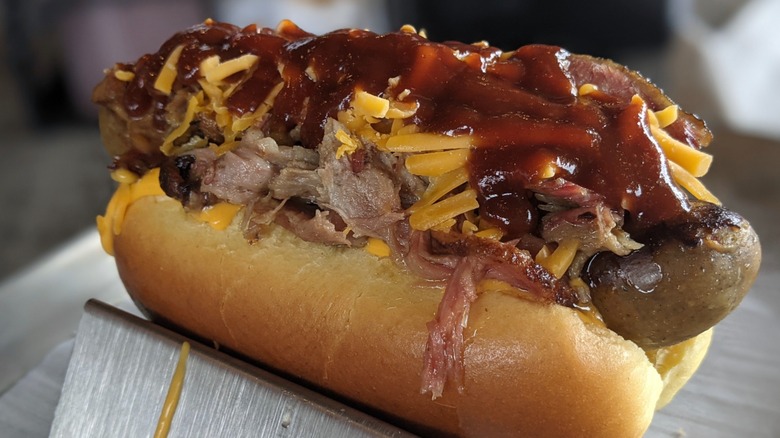 A hot dog topped with pulled pork, cheese and sauce