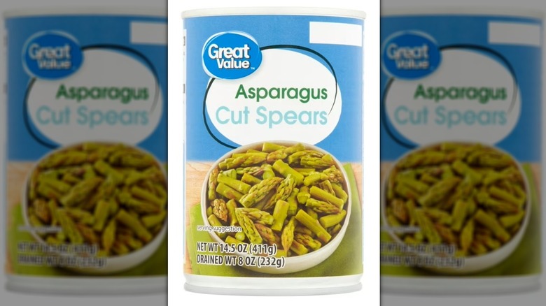 A can of Walmart's Great Value Asparagus Cut Spears