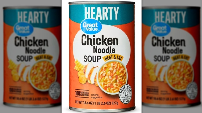 A can of Walmart's Great Value Chicken Noodle Soup