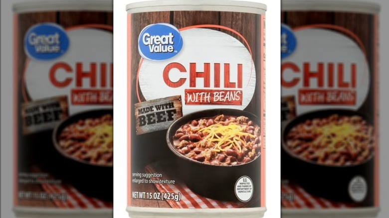 A can of Walmart's Great Value Chili with Beans