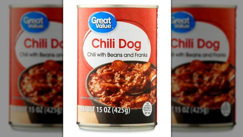A can of Walmart's Great Value Chili with Beans and Franks