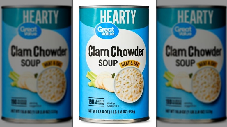 A can of Walmart's Great Value Clam Chowder Soup