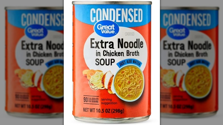 A can of Walmart's Great Value Extra Noodle in Chicken Broth Condensed Soup