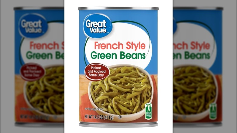 A can of Walmart's Great Value French-Style Green Beans