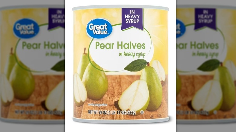 A can of Walmart's Great Value Canned Pear Halves in Heavy Syrup