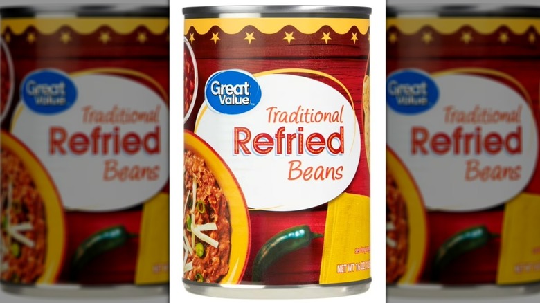 A can of Walmart's Great Value Traditional Refried Beans
