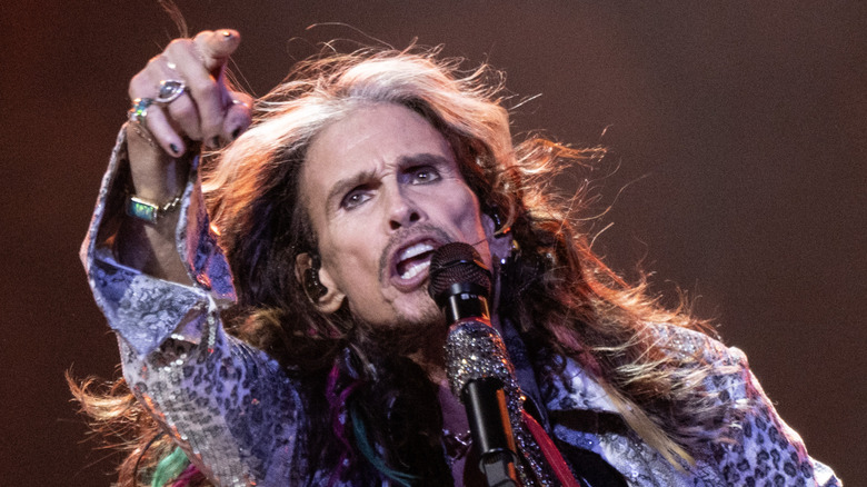 A close-up of Steven Tyler singing on stage