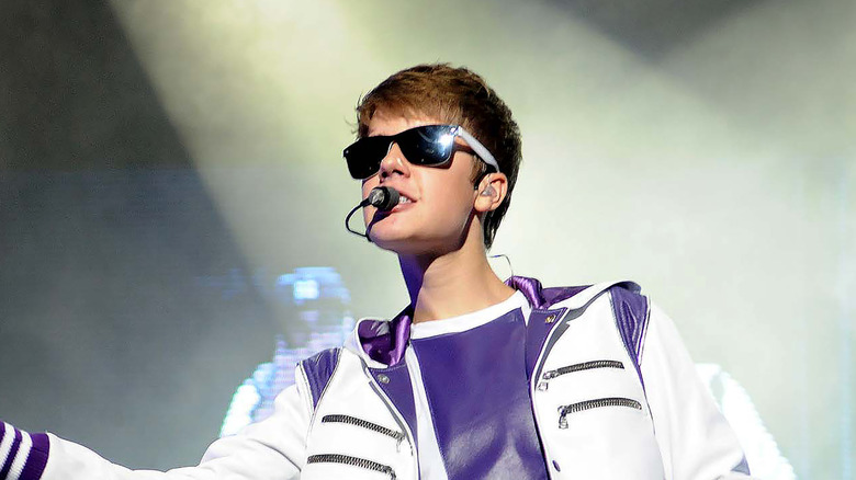 A close-up of Justin Bieber on stage