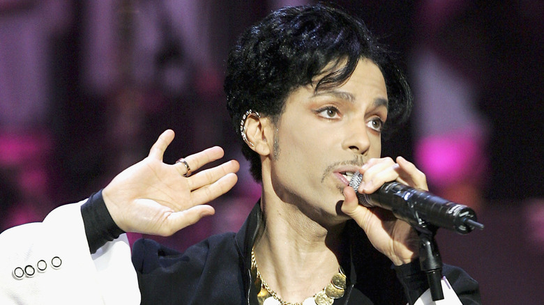 A close-up of Prince on stage