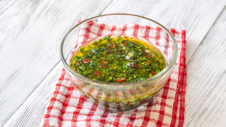 chimichurri sauce in glass bowl