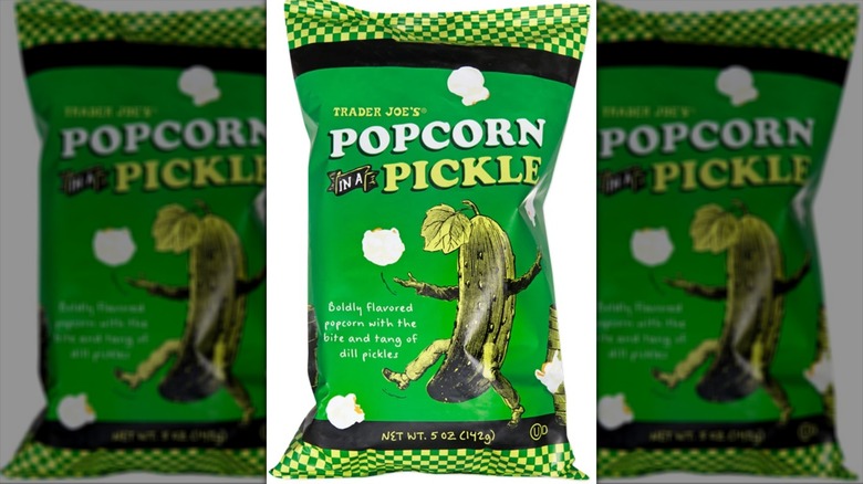 green bag of pickle-flavored popcorn