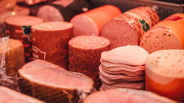 cold cuts on display in deli case