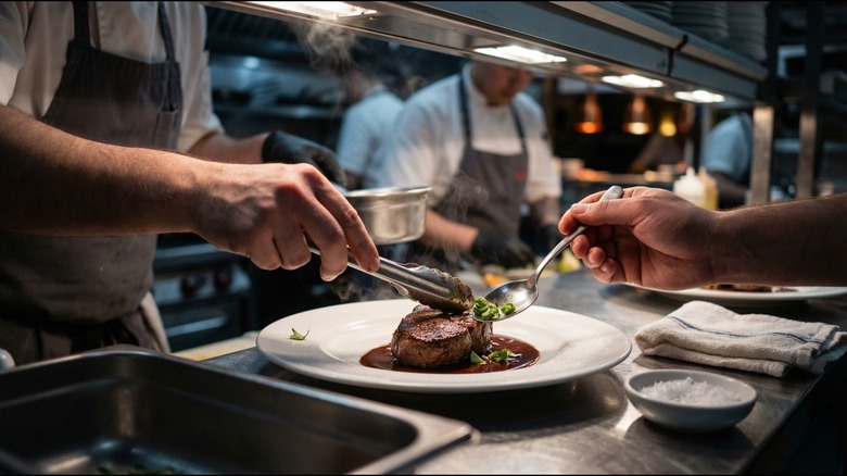 cook on restaurant line prepares a plate