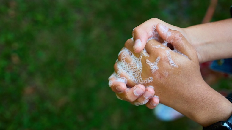 wet hands with soapy water