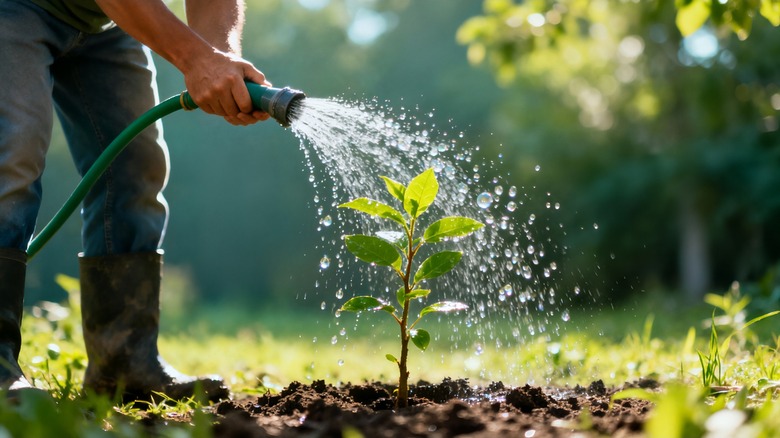 spraying plant with hose