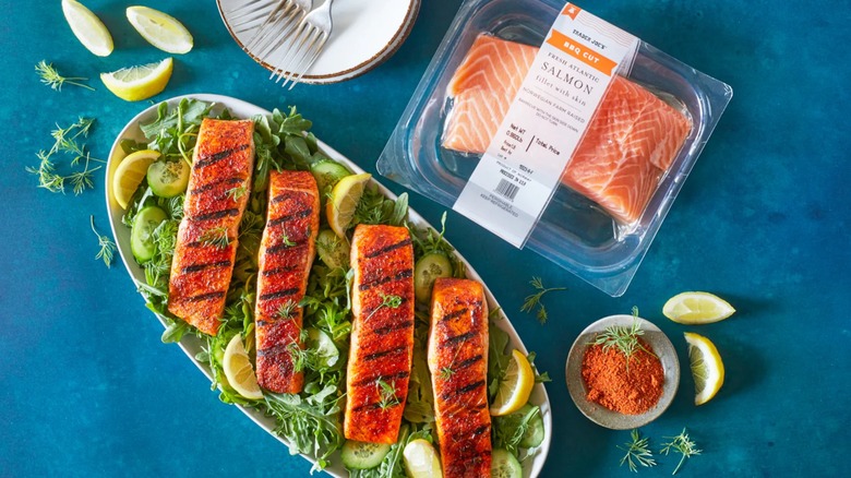 trader joe's salmon filet on greens platter
