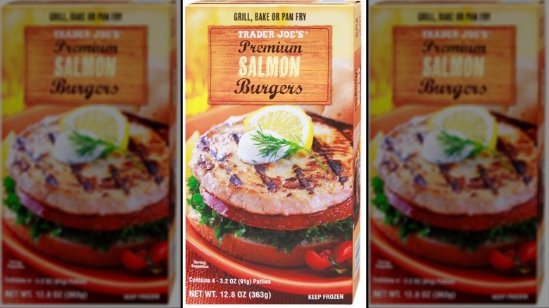 packaged salmon burgers in yellow box