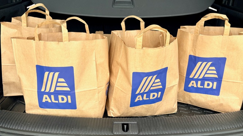 Four paper bags from Aldi in a car trunk