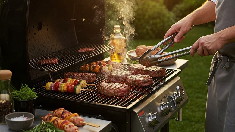 Closeup of person grilling meat and kabobs outdoors.