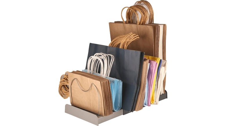 A reusable bag organizer on top of a side table