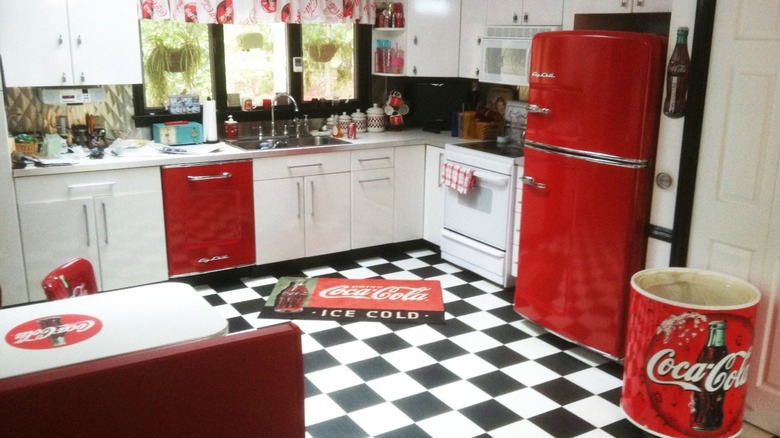 coke themed kitchen with red and white